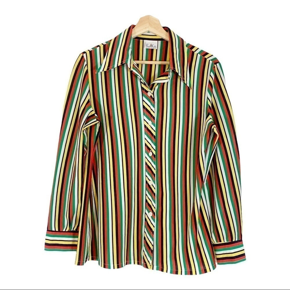 Vintage Bodin Knits 60s 70s Rainbow Striped Button Down Top Size M